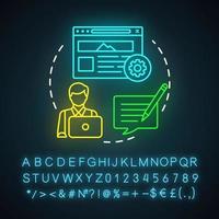 Content marketer neon light icon. Creating, publishing, distributing content. Leads generation. Copywriting specialty. Glowing sign with alphabet, numbers and symbols. Vector isolated illustration