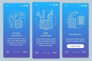 Medical screening onboarding mobile app page screen vector template. Make tests, get treatment. Walkthrough website steps with linear illustrations. UX, UI, GUI smartphone interface concept