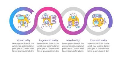 Extended reality vector infographic template. Virtual, mixed, augmented realities. Data visualization with four steps and option. Process timeline chart. Workflow layout with icons