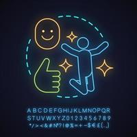 Happiness neon light concept icon. Fun idea. Optimism. Good mood. Glowing sign with alphabet, numbers and symbols. Vector isolated illustration