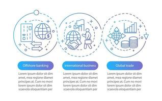 plantilla de infografía vectorial de banca offshore. negocios internacionales, comercio global, gestión financiera. visualización de datos con tres pasos, opciones. gráfico de línea de tiempo del proceso. diseño de flujo de trabajo con iconos vector