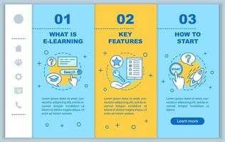 E-learning onboarding mobile web pages vector template. Education. Online learning. Interactive training. Responsive smartphone website interface. Webpage walkthrough step screen. Color linear concept