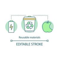 Reusable materials concept icon. Waste recycling idea thin line illustration. Plastic, paper, battery, organic food reuse. Utilization. Trash sorting. Vector isolated outline drawing. Editable stroke