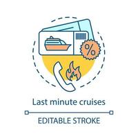 Last minute cruise deal concept icon. Travel price idea thin line illustration. Trip tickets coupons, discounts, special offers. Cheap voyage. Vector isolated outline drawing. Editable stroke
