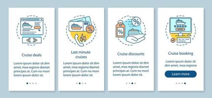 Cruise deals onboarding mobile app page screen, linear concepts. Last minute cruises, discounts, special offers. Travel agency walkthrough steps instruction. UX, UI, GUI vector template, illustrations