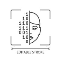 Face scanning procedure linear icon. Facial recognition thin line illustration. Identity authentication. Binary code. Face ID scan contour symbol. Vector isolated outline drawing. Editable stroke