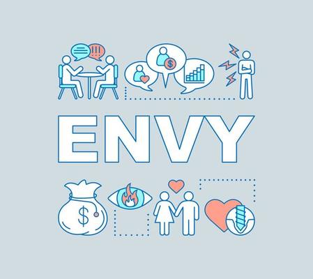 Envy word concepts banner. Emotion of grudge. Jealousy feeling, social inequality. Hatred person. Presentation, website. Isolated lettering typography idea, linear icons. Vector outline illustration