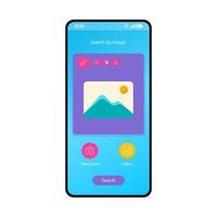 Search by image app smartphone interface vector template. Mobile app page blue design layout. Picture editor, post maker screen. Flat UI for application. Take photo, gallery, search. Phone display