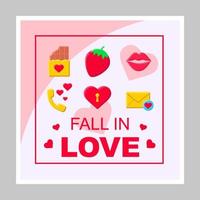 Fall in love social media posts mockup. Dating. Relationships. Advertising web banner design template. Social media booster, content layout. Isolated promotion border, frame with headlines, flat icons vector