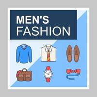 Mens fashion blog social media posts mockup. Clothing store. Advertising web banner design template. Social media booster, content layout. Isolated promotion border, frame with headlines, linear icons vector