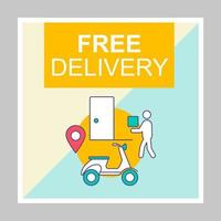 Free delivery social media posts mockup. Courier shipping. Advertising web banner design template. Social media booster, content layout. Isolated promotion border, frame with headlines, linear icons vector