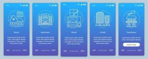 Property onboarding mobile app page screen with linear concepts. House, apartment, room, condo, townhouse walkthrough steps graphic instructions. UX, UI, GUI vector template with illustrations