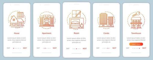 la pantalla de la página de la aplicación móvil de incorporación de bienes raíces con conceptos lineales. instrucciones gráficas de los pasos del tutorial de la casa, el apartamento, la habitación, el condominio, la casa adosada. ux, ui, plantilla de vector de interfaz gráfica de usuario con ilustraciones