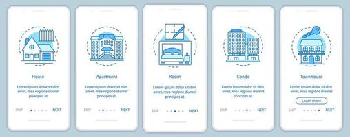 pantalla de la página de la aplicación móvil de incorporación de bienes raíces con conceptos lineales. casa, apartamento, habitación, condominio, casa adosada paso a paso azul instrucciones gráficas. ux, ui, plantilla vectorial gui con ilustraciones vector