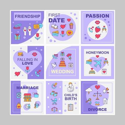 Relationships social media posts mockups pack. Dating, marriage. Advertising web banner design template. Social media kit booster, content layout. Isolated promotion posters with frames, linear icons