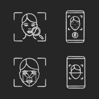 Facial recognition chalk icons set. Biometric identification. Faceprint analysis and scanning, face lock smartphone apps. Isolated vector chalkboard illustrations