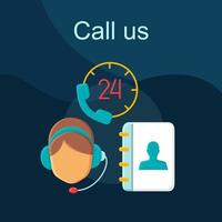 Call us flat concept vector icon. Contact center idea cartoon color illustrations set. Customer hotline. 24 hours helpdesk. Infocenter. Technical support. Service desk. Isolated graphic design element