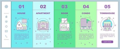 Property types onboarding mobile web pages vector template. Real estate market responsive smartphone website interface idea with linear illustrations. Webpage walkthrough step screens. Color concept