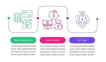 Business development vector infographic template. Make payment, earn money, startup launch. Data visualization with three steps and options. Process timeline chart. Workflow layout with icons