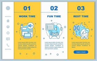 Time management onboarding mobile web pages vector template. Responsive smartphone website interface idea with linear illustrations. Work, fun time webpage walkthrough step screens. Color concept