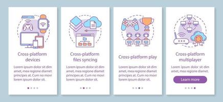 Multiplayer game onboarding mobile app page screen with linear concepts. Cross platform online synchronization walkthrough steps graphic instructions. UX, UI, GUI vector template with illustrations