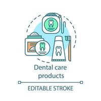 Dental care products concept icon. Caries prevention. Toothpaste, tooth powder, dental floss. Oral hygiene routine idea thin line illustration. Vector isolated outline drawing. Editable stroke