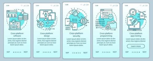 plantilla de vector de pantalla de página de aplicación móvil de incorporación de software multiplataforma. diseño de aplicaciones, pruebas. paso a paso del sitio web con ilustraciones lineales. ux, ui, concepto de interfaz de teléfono inteligente gui