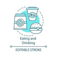 Eating and drinking concept icon. Unhealthy food. Junk food. Pack of donuts, coffee, burger. Lunch. Fastfood idea idea thin line illustration. Vector isolated outline drawing. Editable stroke