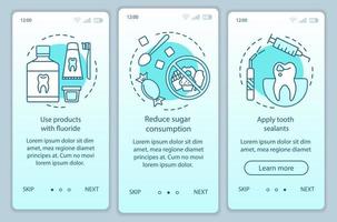 Caries prevention onboarding mobile app page screen with linear concepts. Dentistry. Dental health care walkthrough steps graphic instructions. UX, UI, GUI vector template with illustrations