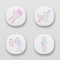 Infection, allergy symptoms app icons set. Skin rash, redness allergic reaction. Asthma, bronchitis. UI UX user interface. Contagious disease. Web or mobile applications. Vector isolated illustrations