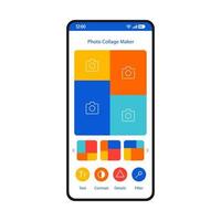 Photo collage maker smartphone interface template. Social media content creator mobile app layout. Pic collage online. Photography editing software. Photo editor application flat UI. Phone display vector