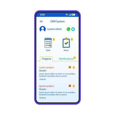 CRM system smartphone interface vector template. Mobile app page white design layout. Project, tasks screen. Flat UI for small business organization application. Interactive management phone display