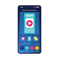 Video advertising maker smartphone interface template. Promo content, animation creator mobile app. Video editor. Social media stories design application flat UI. Digital marketing tool. Phone display vector