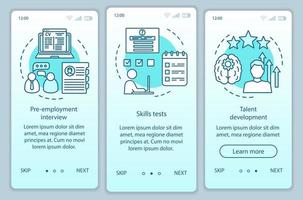 Plantilla de vector de pantalla de página de aplicación móvil de incorporación de degradado turquesa de crecimiento profesional. prueba de empleo Pasos del sitio web del tutorial de la entrevista de trabajo con iconos lineales. ux, ui, concepto de interfaz de teléfono inteligente gui