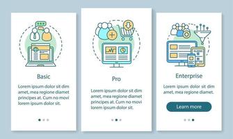 Digital marketing tools subscription onboarding mobile app page screen with linear concepts. Basic tariffs. Three walkthrough steps graphic instructions. UX, UI, GUI vector template with illustrations