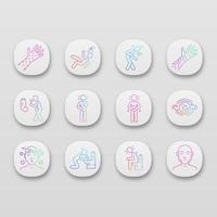 Allergy symptoms app icons set. Seasonal respiratory disease. Food poisoning. Skin rash, sneezing allergic reaction. UI UX user interface. Web or mobile applications. Vector isolated illustrations