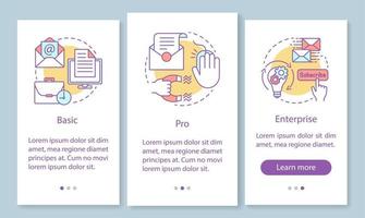 Email marketing subscription onboarding mobile app page screen with linear concepts. Basic or pro tariffs. Three walkthrough steps graphic instructions. UX, UI, GUI vector template with illustrations