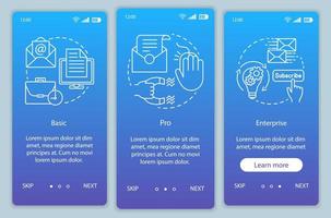 Email marketing subscription onboarding mobile app page screen vector template. Walkthrough website steps with linear illustrations. Basic or pro tariffs. UX, UI, GUI smartphone interface concept