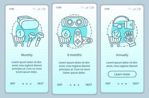 VR game subscription onboarding mobile app page screen vector template. Monthly or annually tariffs. Walkthrough website steps with linear illustrations. UX, UI, GUI smartphone interface concept