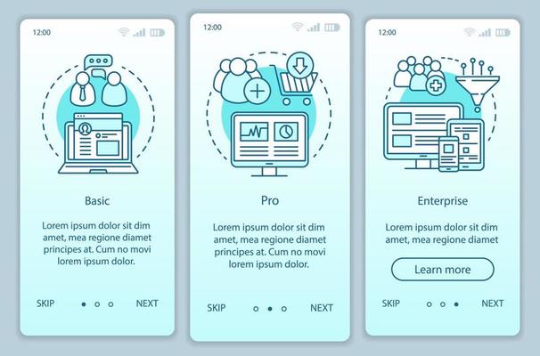 Digital marketing tools subscription onboarding mobile app page screen vector template. Basic tariff. Walkthrough website steps with linear illustrations. UX, UI, GUI smartphone interface concept