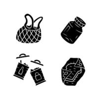 Recyclable kitchen utensils glyph icons set. Reusable mesh bag, beeswax food wrap. Refillable spices can, trash sorting containers. Silhouette symbols. Vector isolated illustration