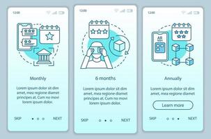 plantilla de vector de pantalla de página de aplicación móvil de incorporación de suscripción de herramienta ar. tarifas mensuales o anuales. paso a paso del sitio web con ilustraciones lineales. ux, ui, concepto de interfaz de teléfono inteligente gui