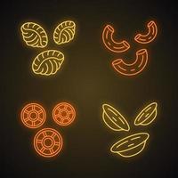 Pasta noodles neon light icons set. Different Mediterranean macaroni. Shells, elbows, rotelle, orecchiette. Types of dry dough products. Italian cuisine. Glowing signs. Vector isolated illustrations