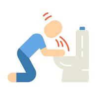 vómitos, náuseas diseño plano icono de color de sombra larga. alergia, intoxicación alimentaria, síntoma de resaca. humano vomitando, vomitando en el baño. enfermedad del embarazo, toxicosis. ilustración de silueta vectorial vector