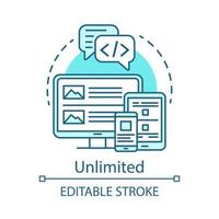 Unlimited concept icon. Website builder pricing idea thin line illustration. Mobile app. Frontend development tariff. Vector isolated outline drawing. Web application design. Editable stroke