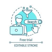 Free trial concept icon. SEO keyword tool subscription idea thin line illustration. Search engine optimization. Vector isolated outline drawing. Increasing visibility of website. Editable stroke