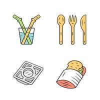 Zero waste kitchen cutlery color icons set. Reusable sandwich bag, glass drinking straw. Stainless steel tray. Isolated vector illustrations