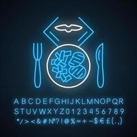 Flight lunch neon light icon. Food on plate. Airplane nutrition. Cutlery. Plane dinner. Jet menu. Aviation service. Glowing sign with alphabet, numbers and symbols. Vector isolated illustration