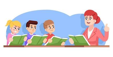 Rehearsal of children choir flat vector illustration. Kids ensemble. Music school performance. Extracurricular activities. Girl and boys ready to sing, teacher conducting cartoon characters