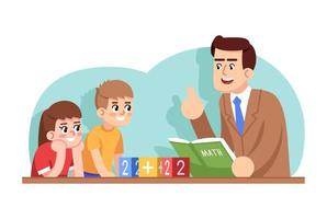 Math club for kids flat vector illustration. Preschool education. Lesson in elementary school. Early childhood development. Teacher explaining problem to boy and girl cartoon characters